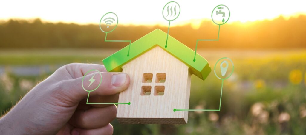 A small wooden house model with icons representing eco friendly central heating