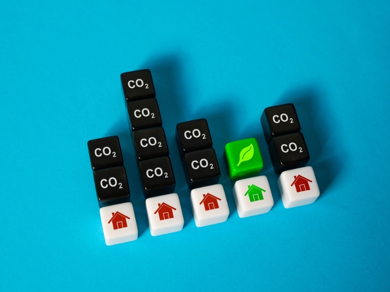 icons showing how an eco friendly central heating system reduces carbon emissions