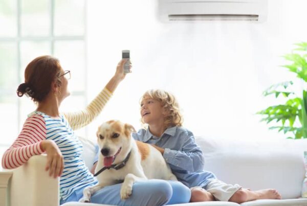 Woman, child, and dog relaxing on a sofa under a working air conditioning unit